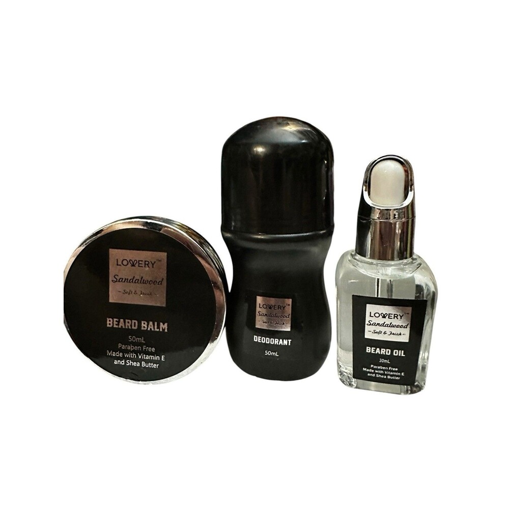 Lovery Mens  Sandalwood Beard Balm, Oil & Deodorant Set new